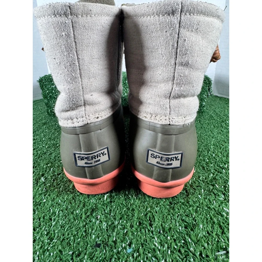 Sperry‎ Saltwater Duck Boots Womens 8.5 Olive Green Beige Canvas Coral STS95346